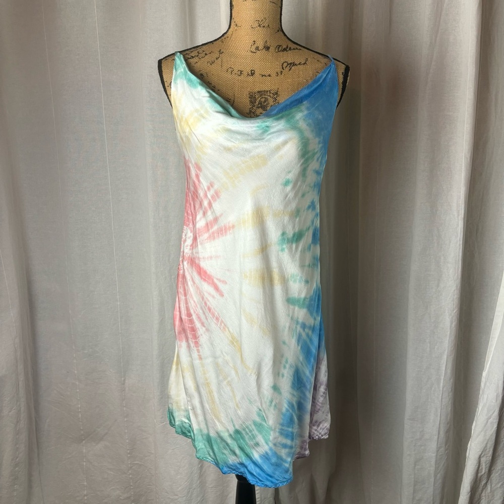 Surf Gypsy Tie Dye Mini Dress Spaghetti Strap Cowl Women’s M White Pink Blue